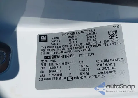 2017 Chevrolet Colorado Wt z USA, uszkodzony, nr VIN 1GCHSBEA4H1169096